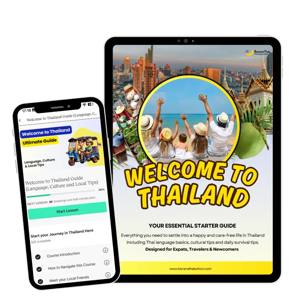 Welcome to Thailand Book Cover on a tablet and course preview on the phone screen.
