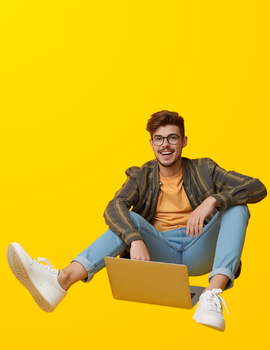 Person working on laptop, yellow background.