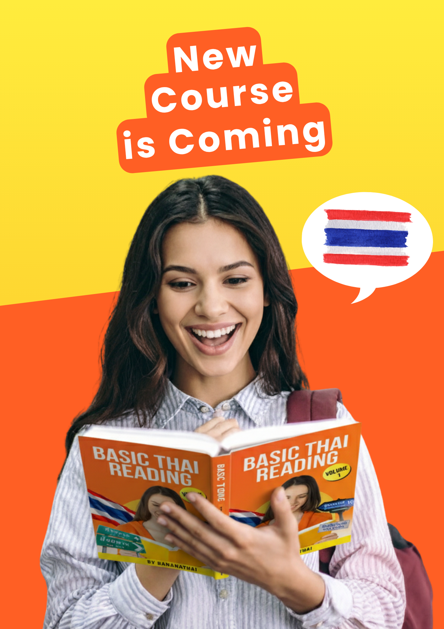 A woman is holding a Basic Thai Reading course book.